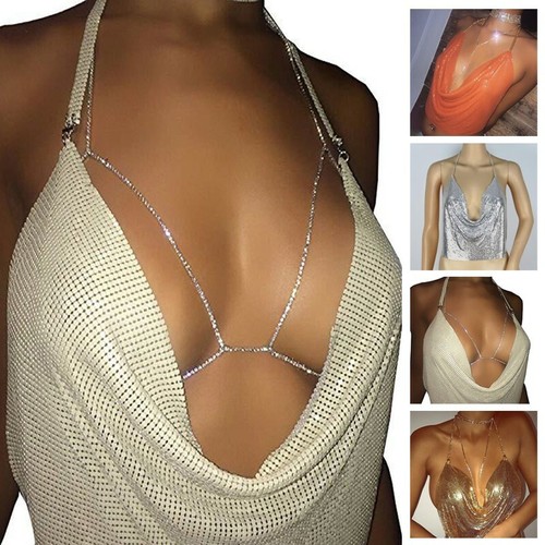 Sexy Women V Neck Sequined Halter Backless Chain Plunge Tank Vest Crop Tops Cami - Picture 7 of 21