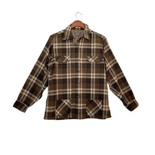 VTG 60s Pendleton Loop Collar Wool Shirt Flap Pockets Brown Plaid- Mens L- READ