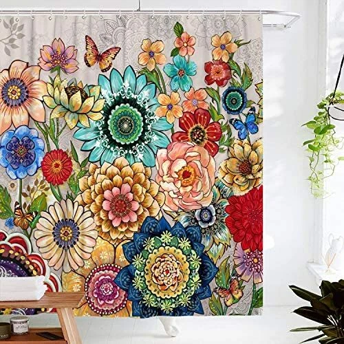 Accnicc Boho Floral Shower Curtain Set Bright Flowers Bathroom