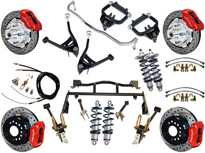 RIDETECH COILOVER & 4-LINK SYSTEM & WILWOOD DISC BRAKE KIT,12'' DRILLED,RED,67-70