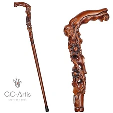 Elegant Flower Wooden Cane Walking Stick Staff Hand Carved for women ladies