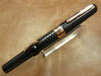 CONKLIN MARK TWAIN CRESCENT FOUNTAIN PEN BLACK CHASED /GOLD TRIM  FINE NIB