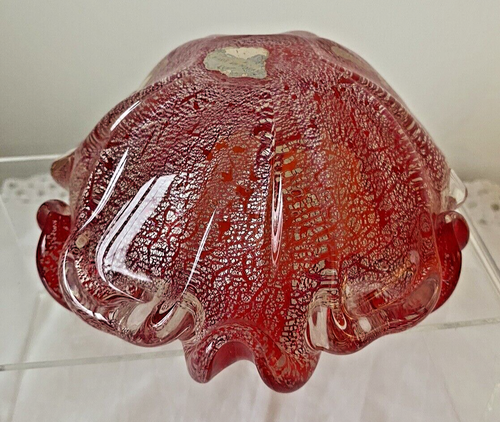 Vintage 1950s Murano LABEL silver aventurine ruffled sommerso glass bowl ashtray - Picture 8 of 19