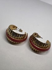 Large Gold tone Hoop with Red enamel Pierced Earrings 7493