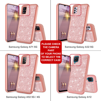 For Samsung Galaxy A32/A12/A52 5G Phone Case Hybrid Glitter Bling+Tempered Glass