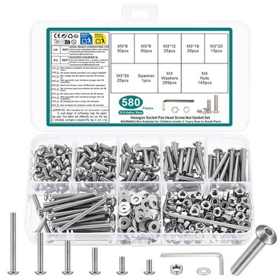 M3 M4 M5 M6 M8 Screws Assortment Kit, Metric Nuts and Bolts Assortment Kit, Hex
