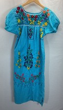 Mexican Embroidered Patio Dress Blue SM Peasant Cotton Boho