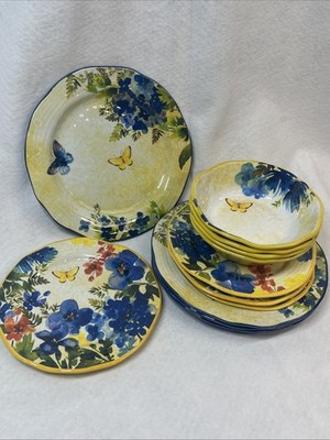 Pier 1 12 Piece Floral Butterfly Melamine Set Plates Bowls Picnic BBQ Outdoor