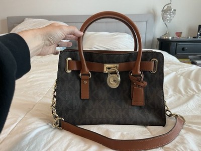Michael Kors Monogram Brown Satchel Top Handle w/ Chain Strap Lock Gold HW