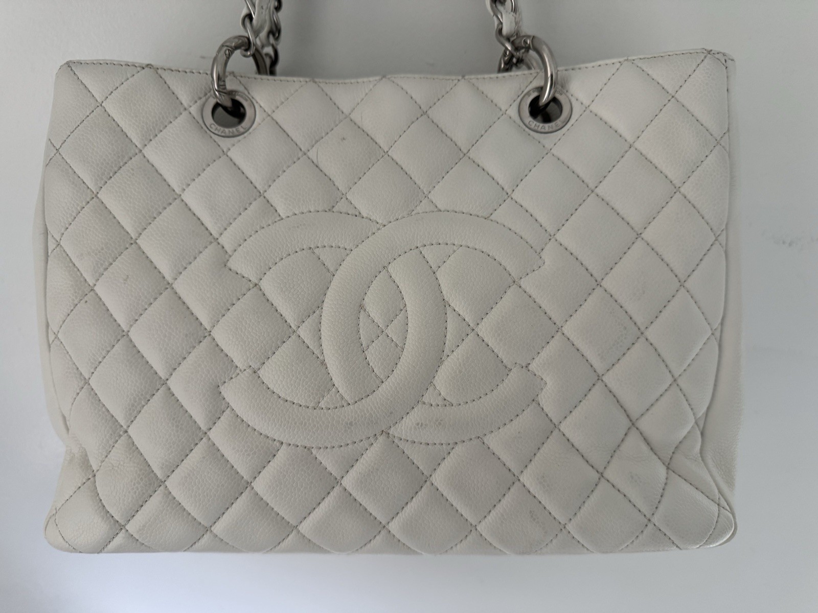 Chanel White Leather Caviar Quilted Grand Shopping Tote Silver Hardware