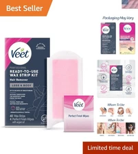 Sugar Wax Strips Kit: 40ct Hair Removal & 4ct Wipes - Dermatologically Tested