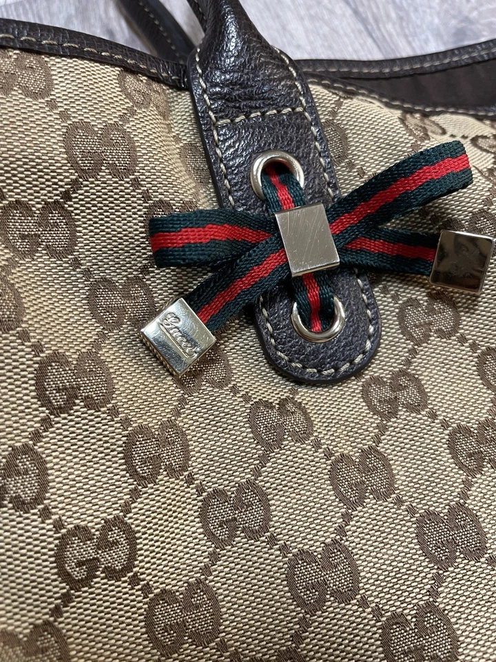 AUTH Gucci GG Monogram Canvas Tote Shoulder Bag Brown Leather Trim Web Accent - Image 3 of 4