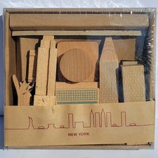 NWT "NEW YORK IN A BOX" MUJI WOODEN BLOCK SET + BAG City Skyline Orig. MCM 90's