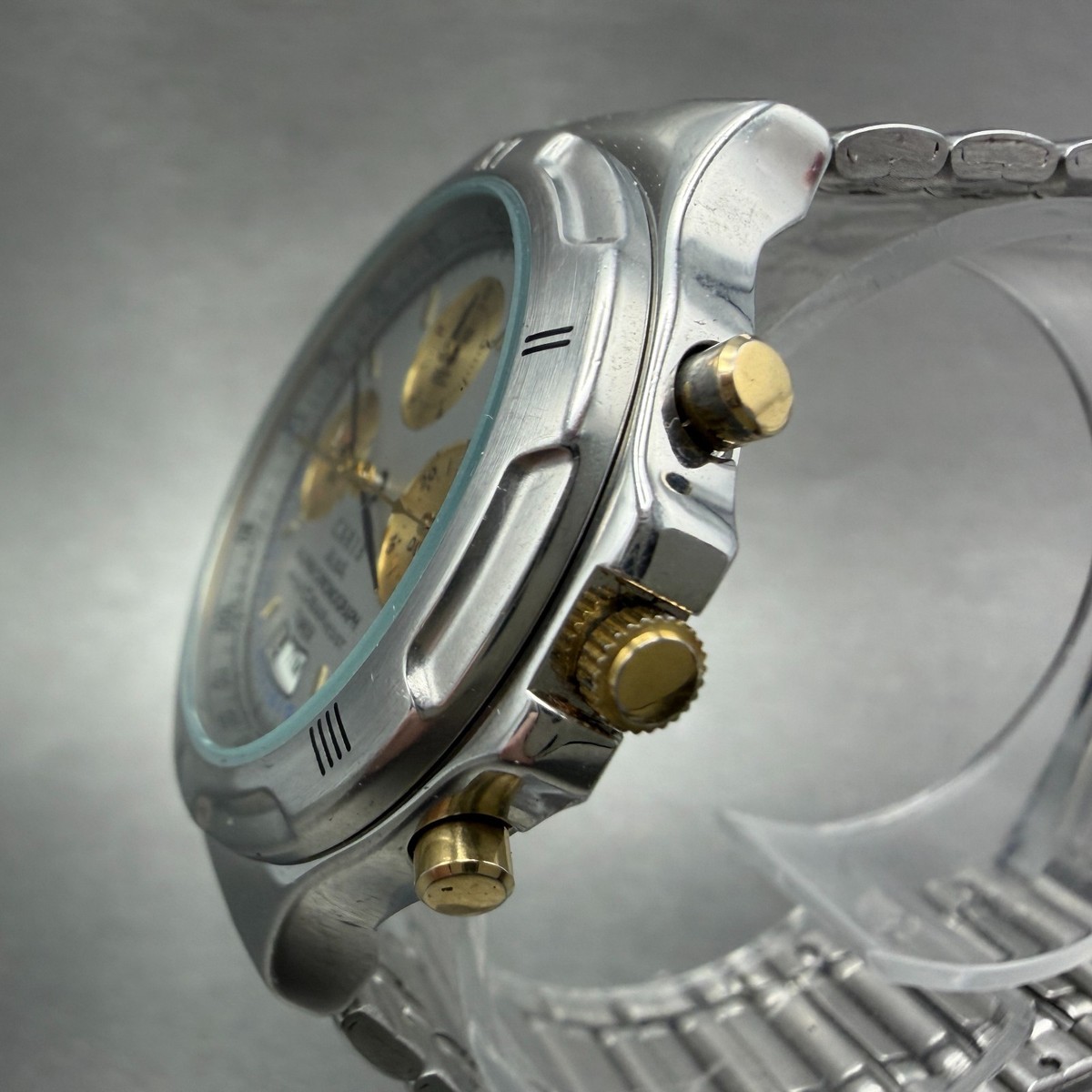 Seiko ALBA Carib Watch Men 36mm Silver Dial Steel Alarm Chrono