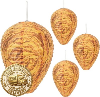 DECYOOL 4 Pack Paper Wasp Nest Decoy Hanging Wasp Nest Stay Away from Wasps Horn