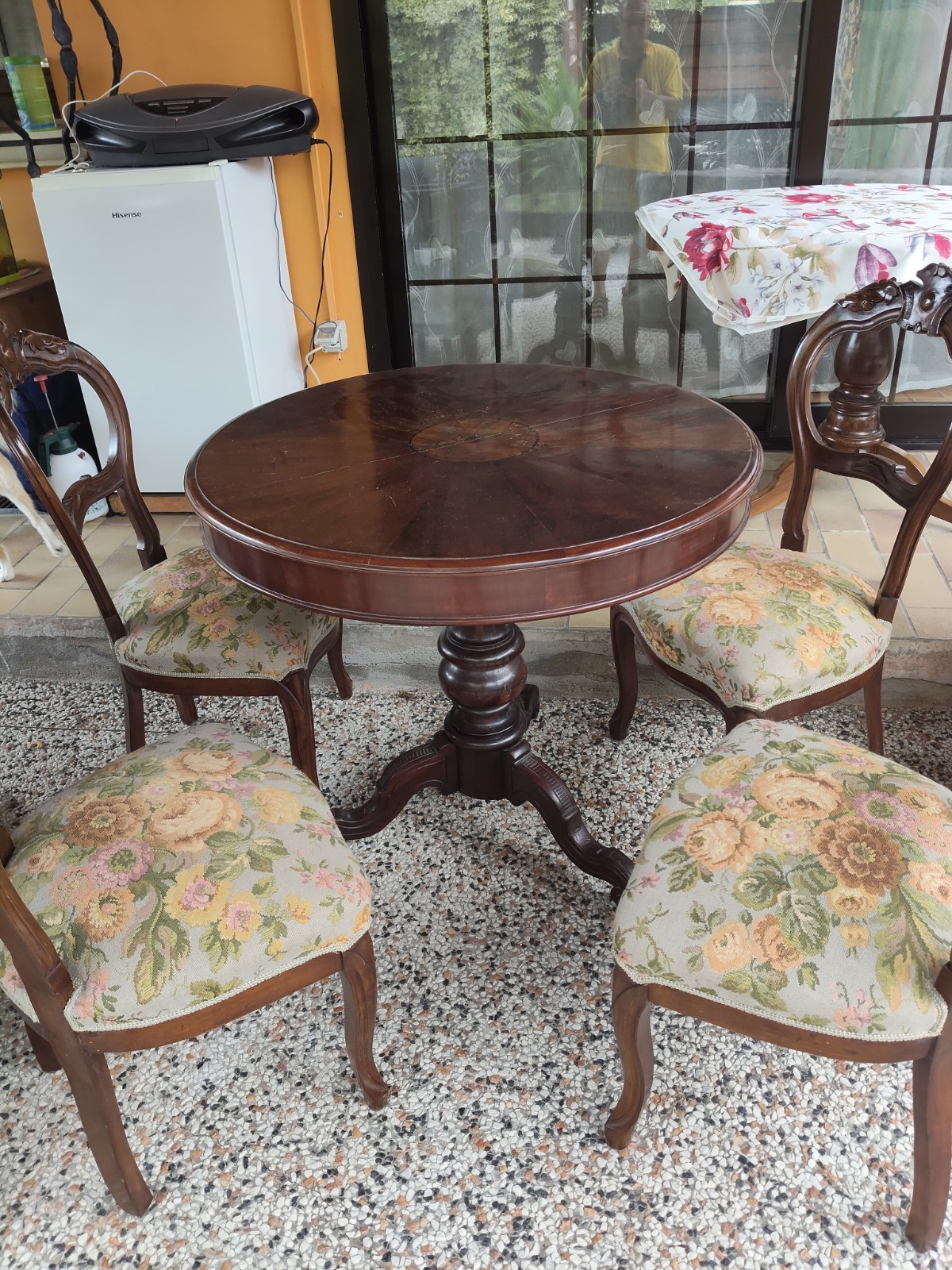 Tavolo rotondo da gioco Noce con Intarso + Sedie 5 molle fine 800 80x80 cm H 75