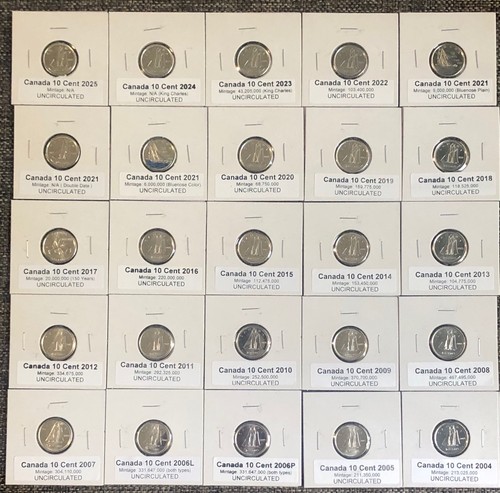 2004-2025 UNCIRCULATED  Set of Canada - B/U DIMES  - 25 coins  🇨🇦
