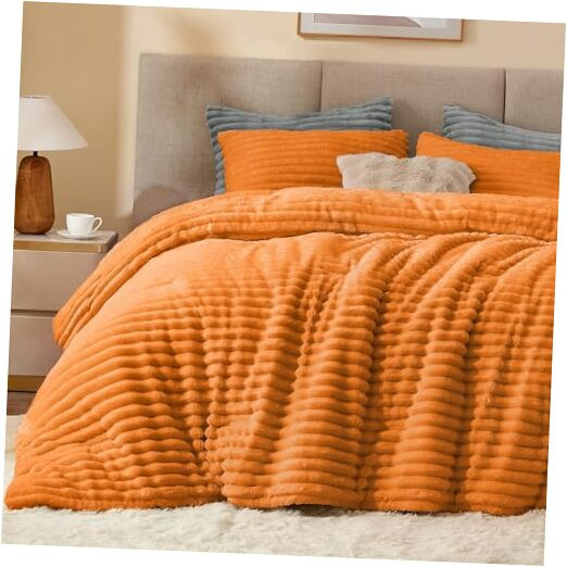 Super Soft Fluffy Fleece Comforter Set in Warm Burnt Orange King Size