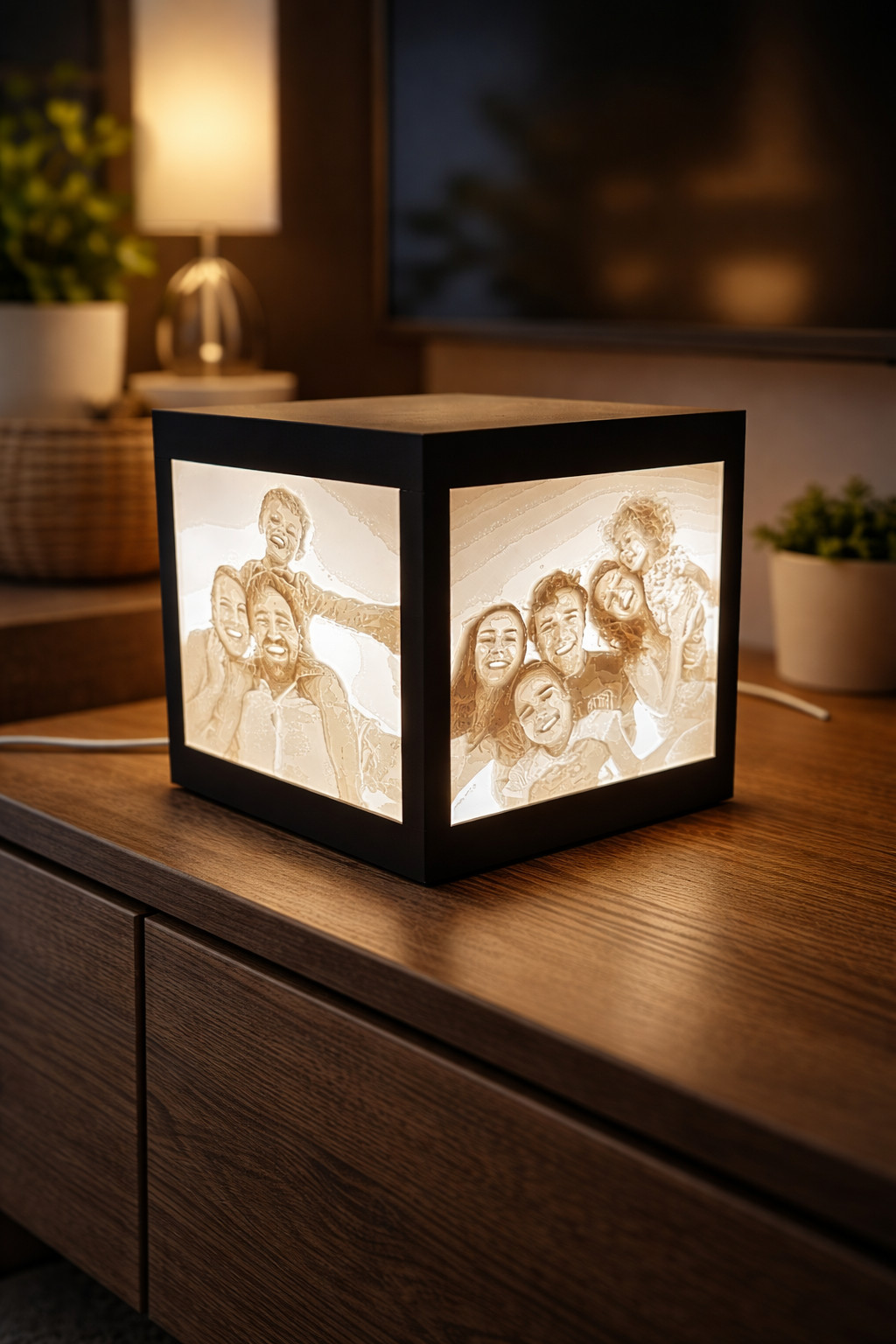 Lampe personnalisée photo 3D en bois naturel avec cube lithophanie haute définition