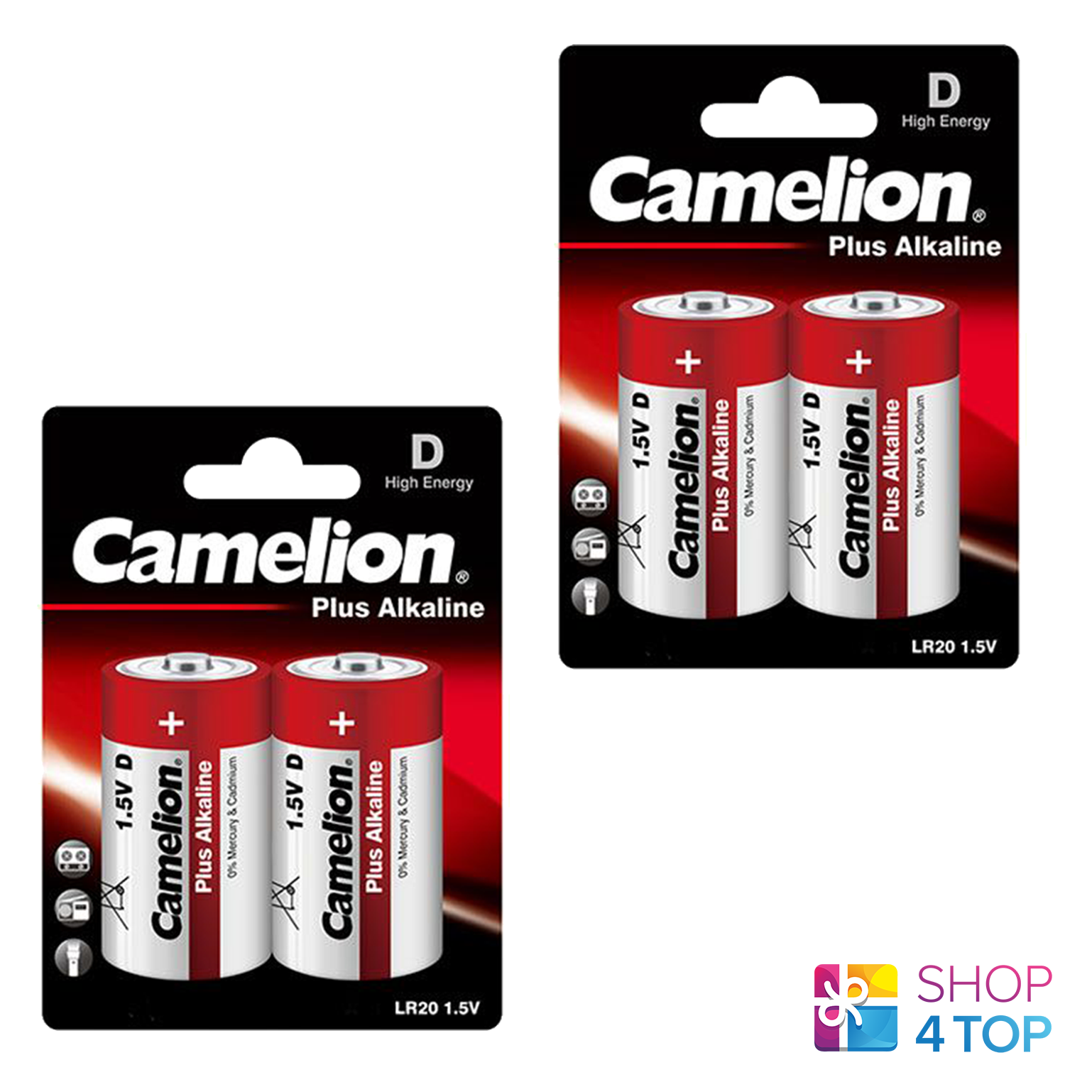 4 Camelion D Plus Alkaline Batteries LR20 MN1300 AM1 E95 1.5V 2BL Exp 2028 Nuovo