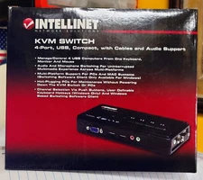 INTELLINET KVM SWITCH 4 PORT, PS2 W/ AUDIO AND MIC SUPPORT, CABLES INCLUDED NEW