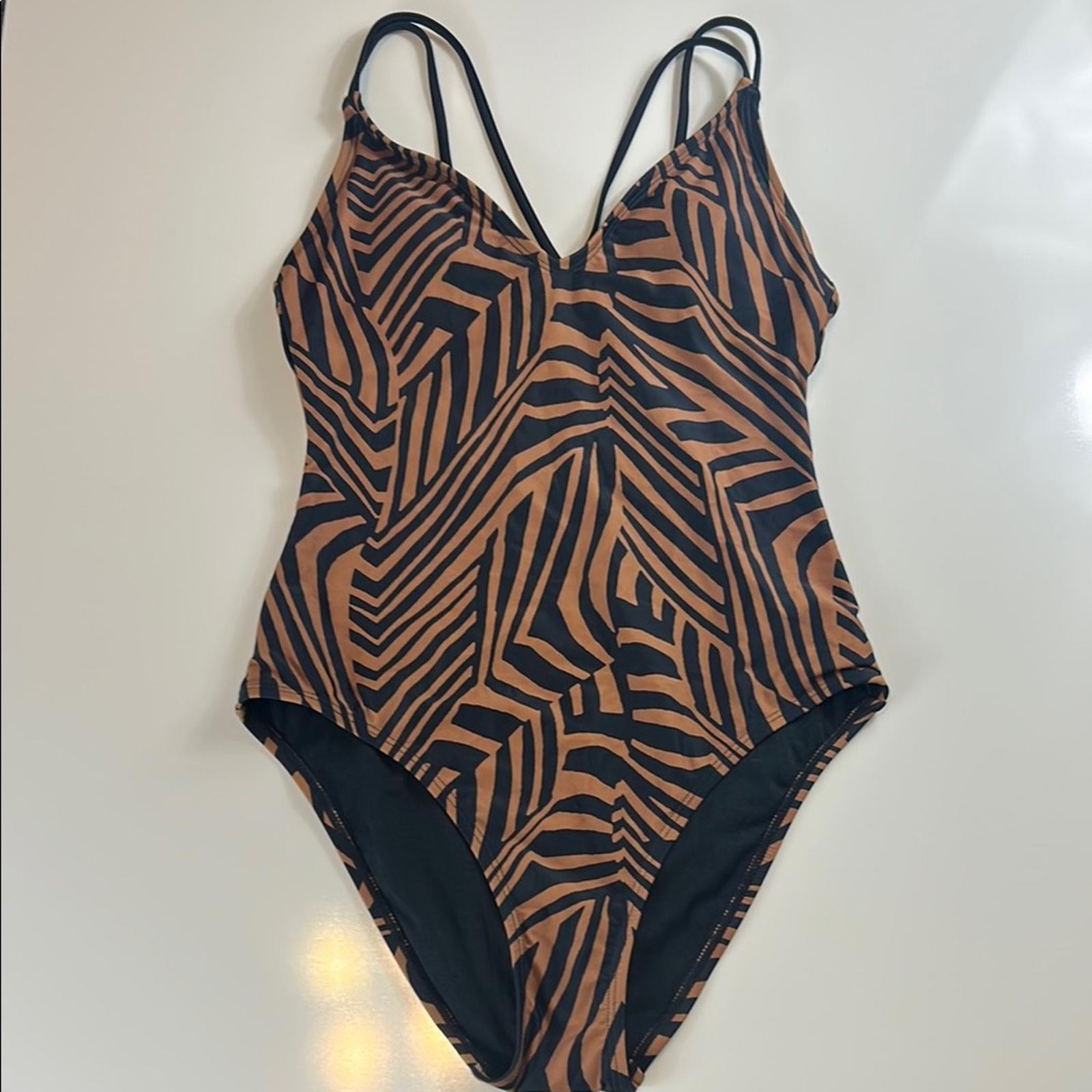 Hurley Women’s Black Brown One Piece Swimsuit Plunging V Neck Strappy Medium