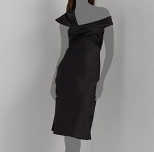 Lauren Ralph Lauren Women's Black Satin Asymmetric Off-Shoulder Dress Size 8