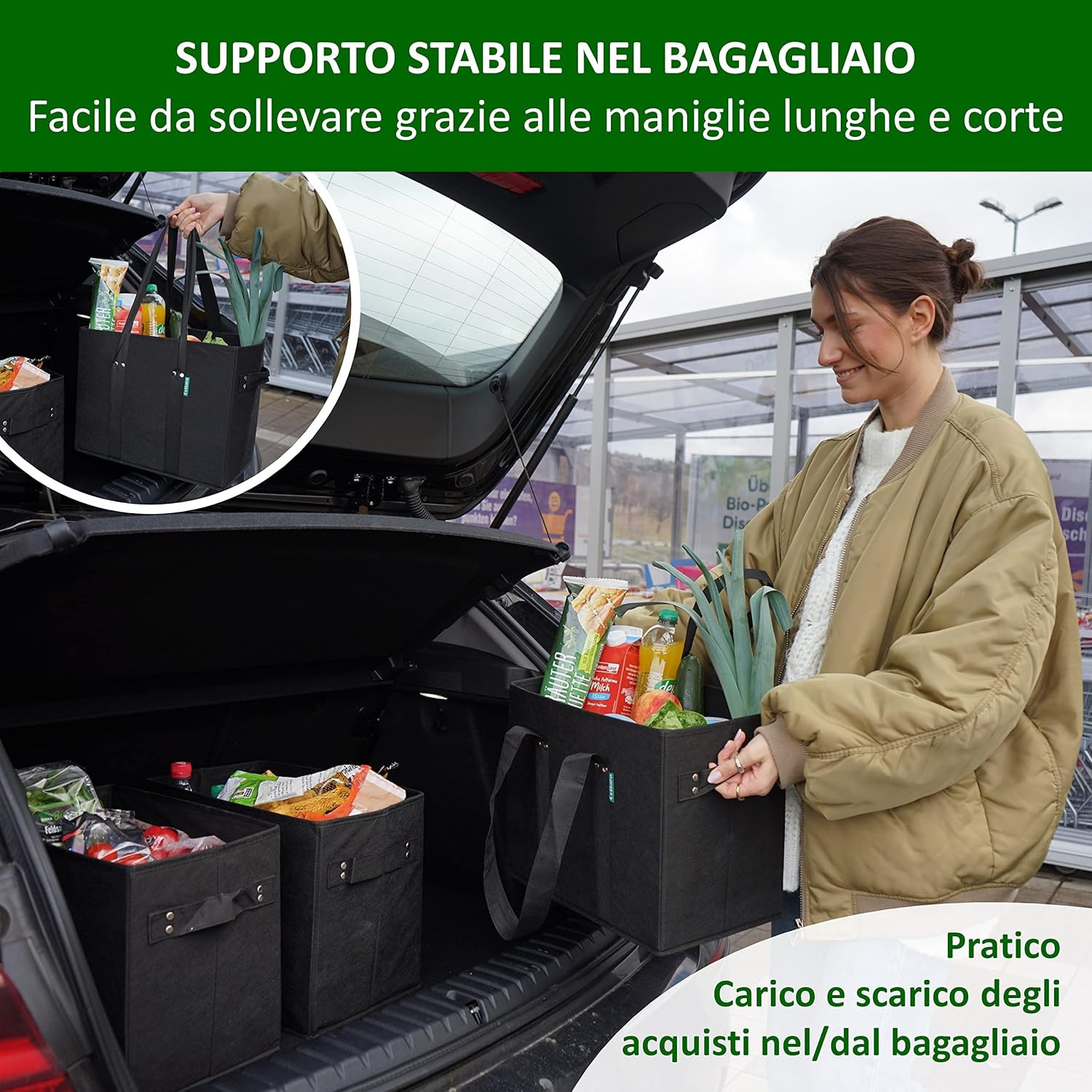 Borsa per La Spesa Pieghevole, Confezione Da 3 Pezzi, Stabile Cestino Riutilizza - 4