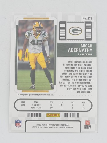Micah Abernathy 2022 Panini Contenders #271 RC Rookie Ticket Auto Packers - Picture 2 of 2