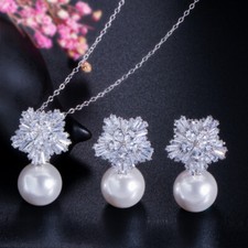 Dazzling White CZ Crystal Flower Pearl Necklace Earrings Jewelry Sets for Women