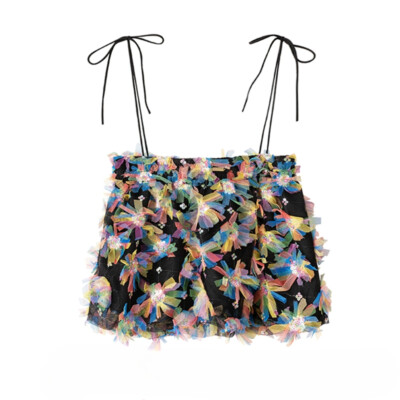 Sweet Women Top 3D Flowers Sequins Short Tank Top Spaghetti Summer Sea Strap