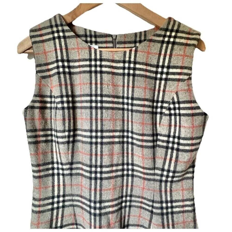 Camel Plaid Wool Tartan Dress, Fully Lined Back Zip MIDI Sleeveless Sheath SZ 8 - Image 3 of 4