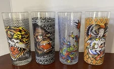 Don Ed Hardy Designs Highball Glasses - Set Of 4 - Tiger Gorilla Dragon Skull
