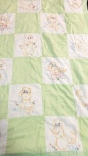 Vintage Embroidered Quilt Cats Kittens Green Pastel Baby Childs 48x34"