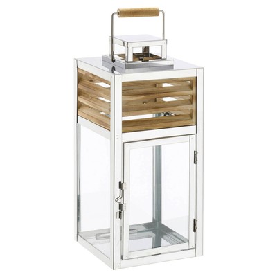 casa NOVA ALINA Laterne Windlicht mit Tragegriff Holz Glas Edelstahl 17 x 40 cm