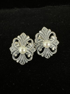 Antike Art Nouveau Sterling Silber Perlen Fleur De Lis Ohrringe 5/8 Zoll