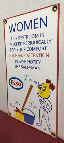VINTAGE 1957 DATED ESSO WOMENS RESTROOM PORCELAIN SIGN GAS OIL DROP - Picture 3 of 8