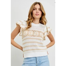 Rails Panelope Crochet Knit Top Ruffle Sleeve Striped Floral Cream Beige Medium