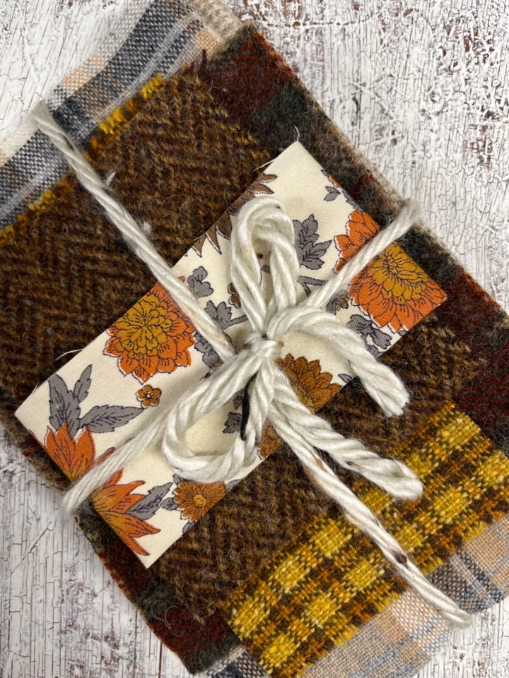 Vintage Bundle of 5 Pieces of Fabulous Wool Fabrics with Floral Fabric Piece - Image 2 of 4