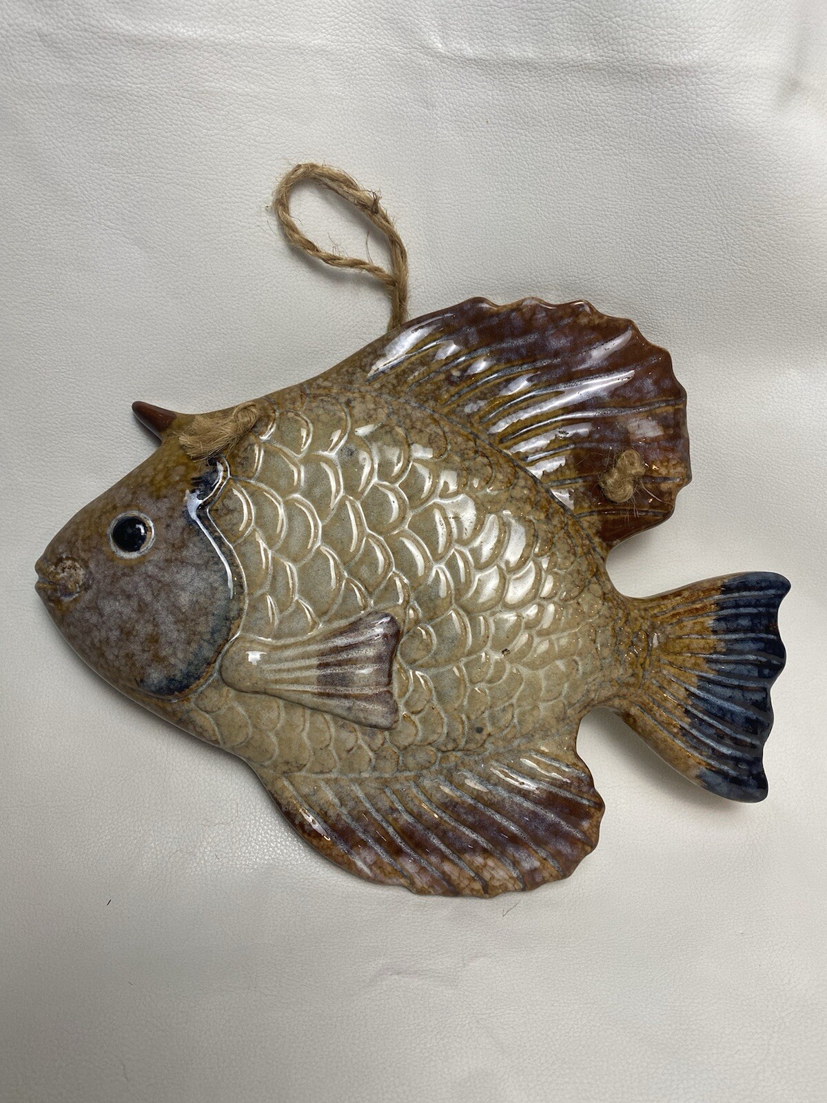 Ceramic Fish Wall Art 3-D Stoneware wall Hanging Plaque, Blues, Browns, Tans