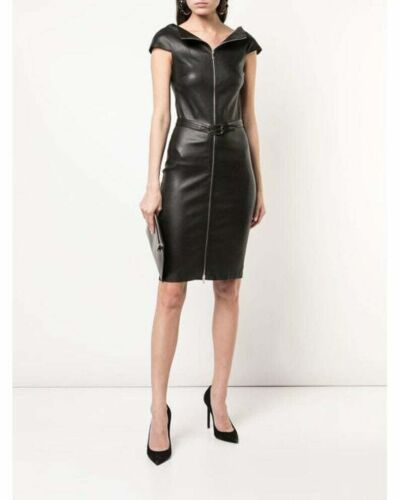Women's Genuine Black Zipper Boat Neck For Club Wear Leather Celebrity Dress - Afbeelding 1 van 4