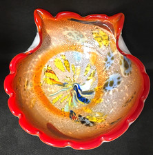 Vintage Murano Italian Art Glass Bowl Red Scalloped Rim Millefiori Bullicante