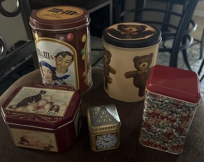 Metal Collector Tins lot set 5 Festive Decor Vintage M&M s Cat Bears Tea clock