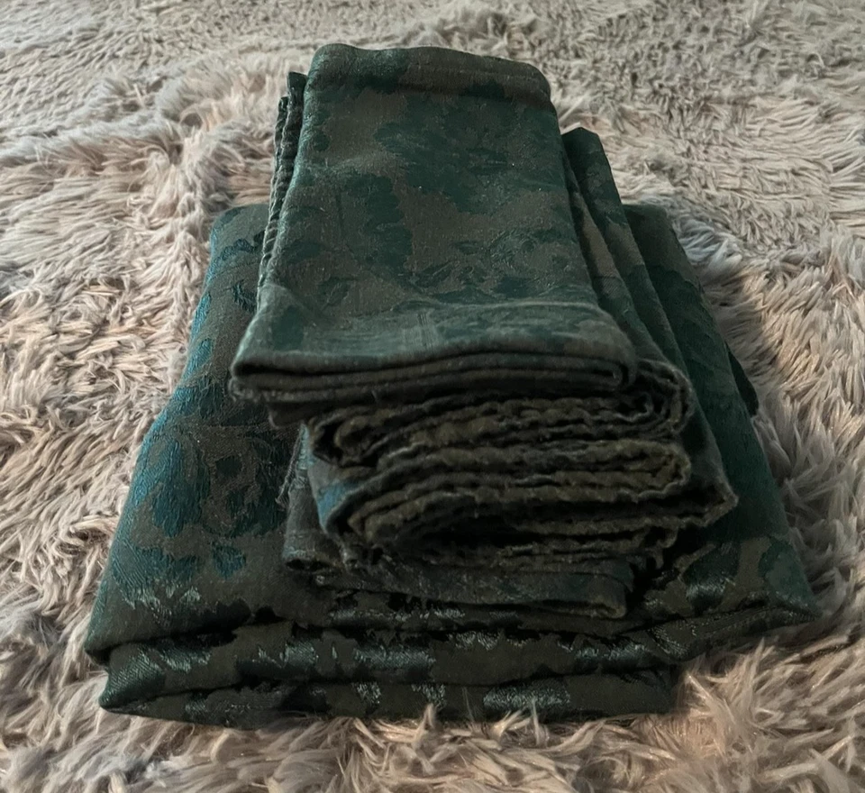 Damask Round Tablecloth Napkin Set Green Jacquard Floral 68" Table 6 Napkins - Image 2 of 4