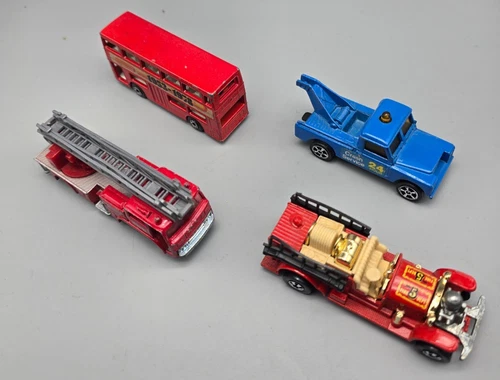 4 Vintage Hot Wheels Matchbox Diecast Working Cars Londoner Bus, Fire Truck, Tow