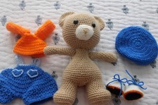 Handmade Crochet Bear Plush Medium 14-24 in Blue Outfit Orange Hat
