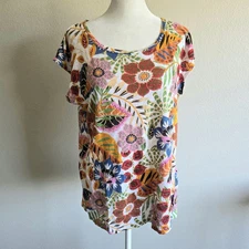 NEW C & C California Artsy Floral Linen Top Bright Colorful Button Back Size M