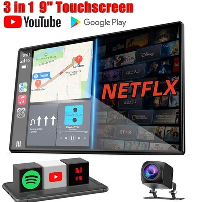 Wireless CarPlay Screen AI Box 9'' Touchscreen Netflix YouTube TikTok+Rear Camera
