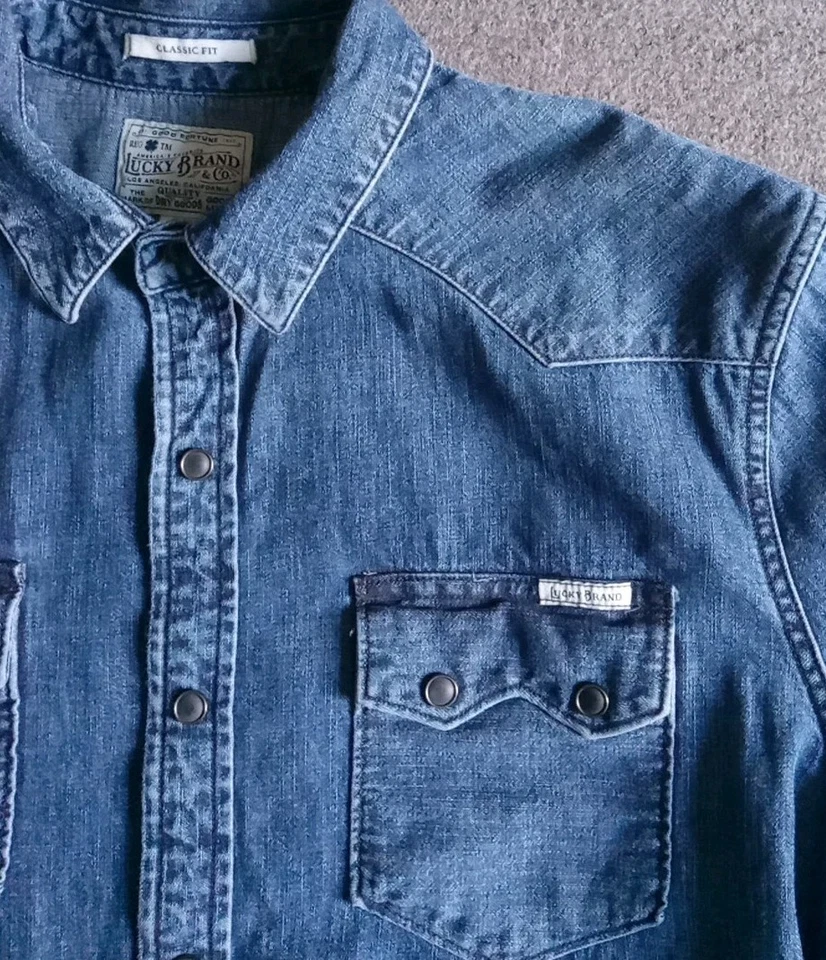 Camisa Lucky Brand Para Hombre Grande Azul Denim Perla Occidental Bolsillos Diente de Sierra A Presión Usada en Excelente Condición Foto 3 de 4