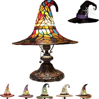 Halloween Stained Glass Witch Hat Lamp LED Table Lamp 18cm USB Power Resin Gift